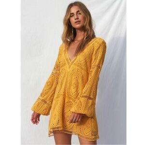 Jen's Pirate Booty Jasmine Crochet Mini Dress Small Yellow Orange Bell Sleeve